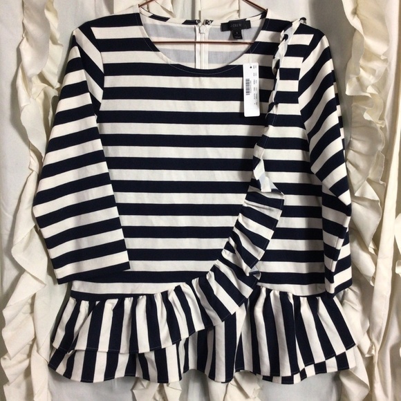 NWT J. Crew Asymmetrical Striped Peplum Ruffle Top Small Navy White - Picture 2 of 6